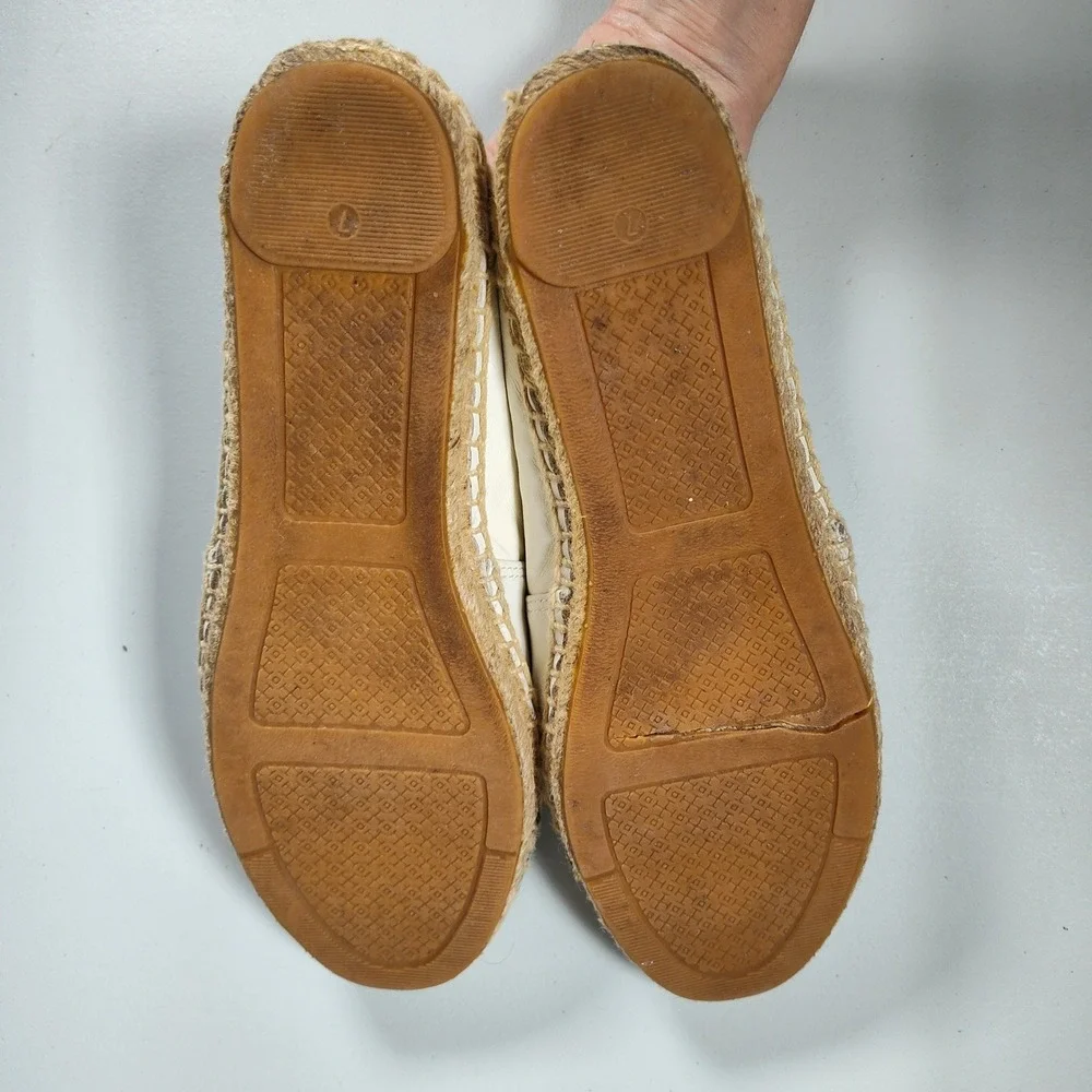 Tory Burch Leather Espadrille Flats Cream Black Logo Cap Toe Slip On Shoes Sz 7